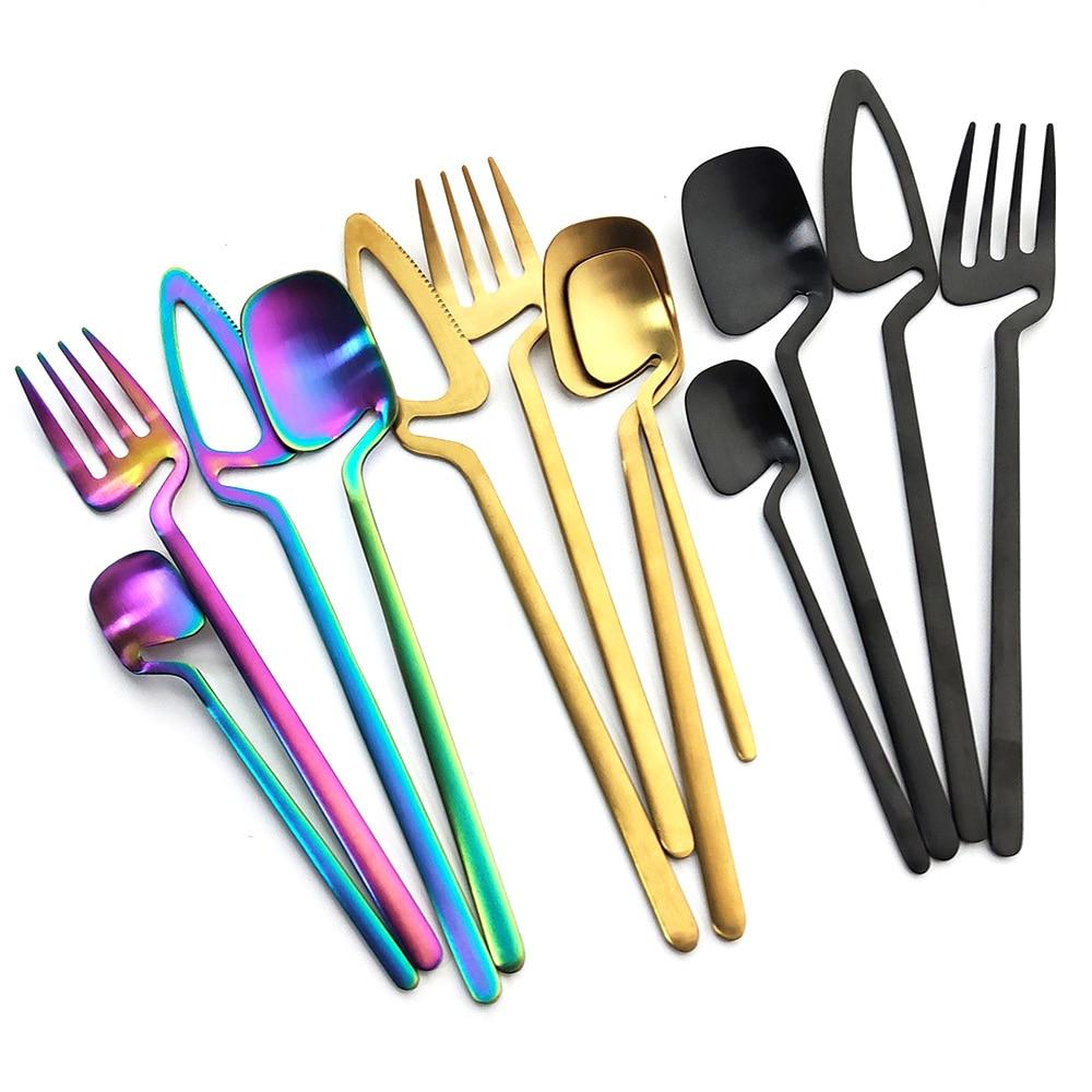 JANKNG Matte Black Dinnerware Sets Kitchen Decor Spoon Fork Knife Tableware Set Gold Cutlery Ice Cream Soup Coffee Use
