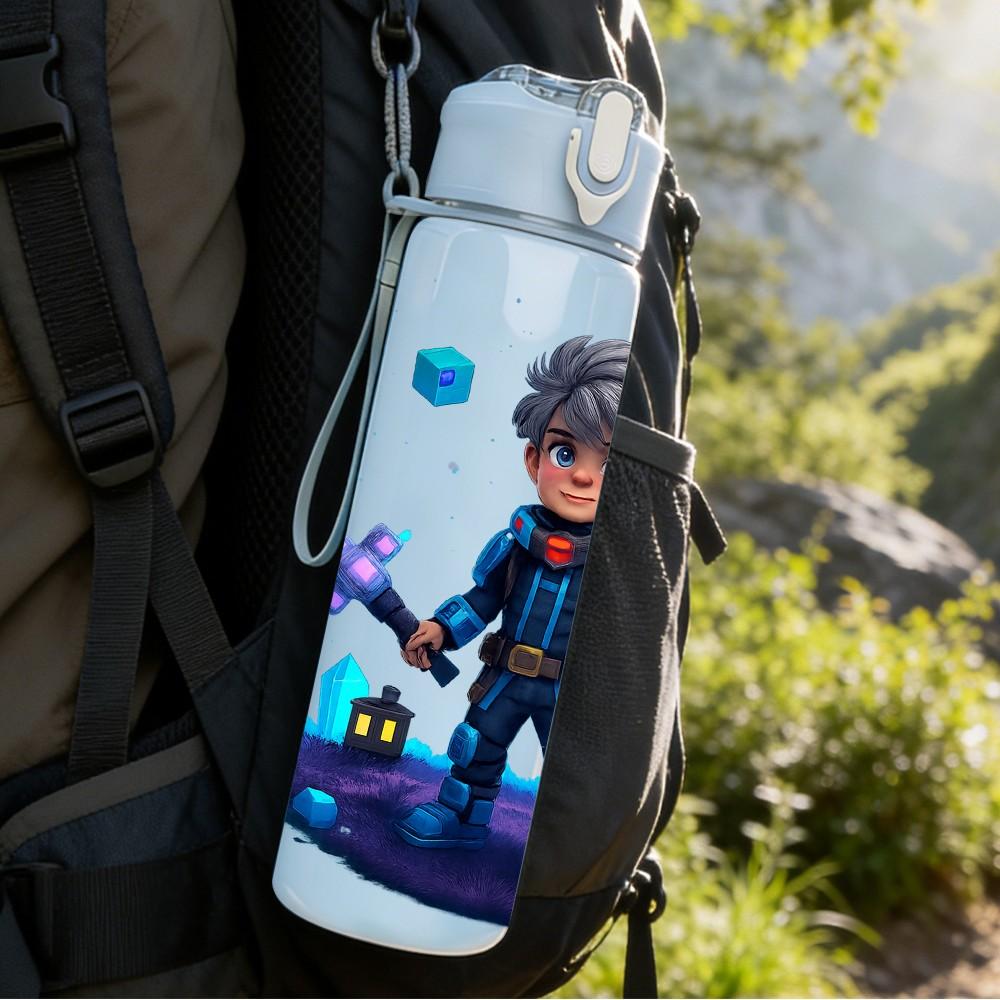 1PC Cyber Boy Warrior Character Pattern 750ml Color Plastic Sports Water Bottle Leakproof Flip Straw Lid Suitable for Sports Office Home Use