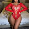 Sex Underwear Red Long-sleeved Ripped Mesh Bikini One-piece Hollowed-out Backless Hip Skirt