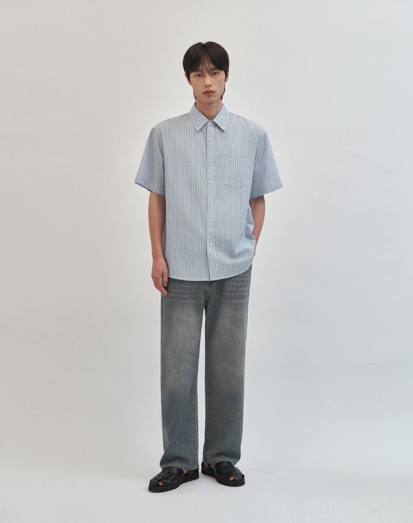 WORK ON BODY OFF Linea Semi-Overfit Striped Short Sleeve Shirt [Light Blue]