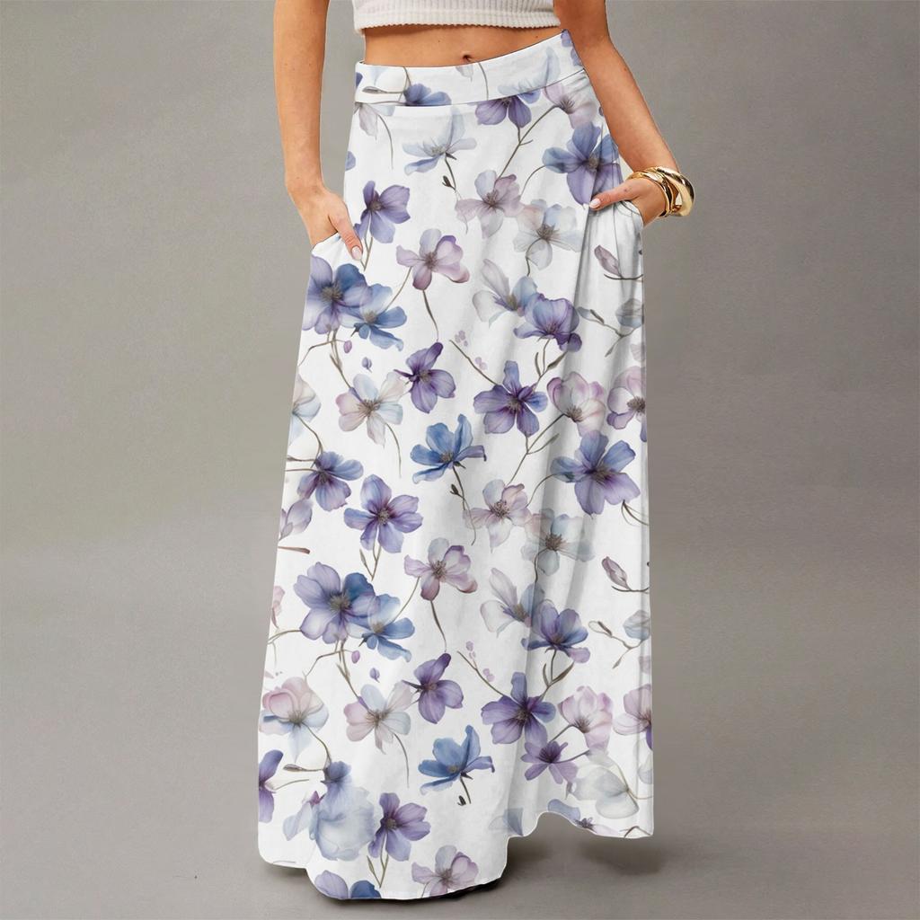 Женская повседневная складная юбка макси с цветочным принтом, высокой талией и карманом, с драпировкой