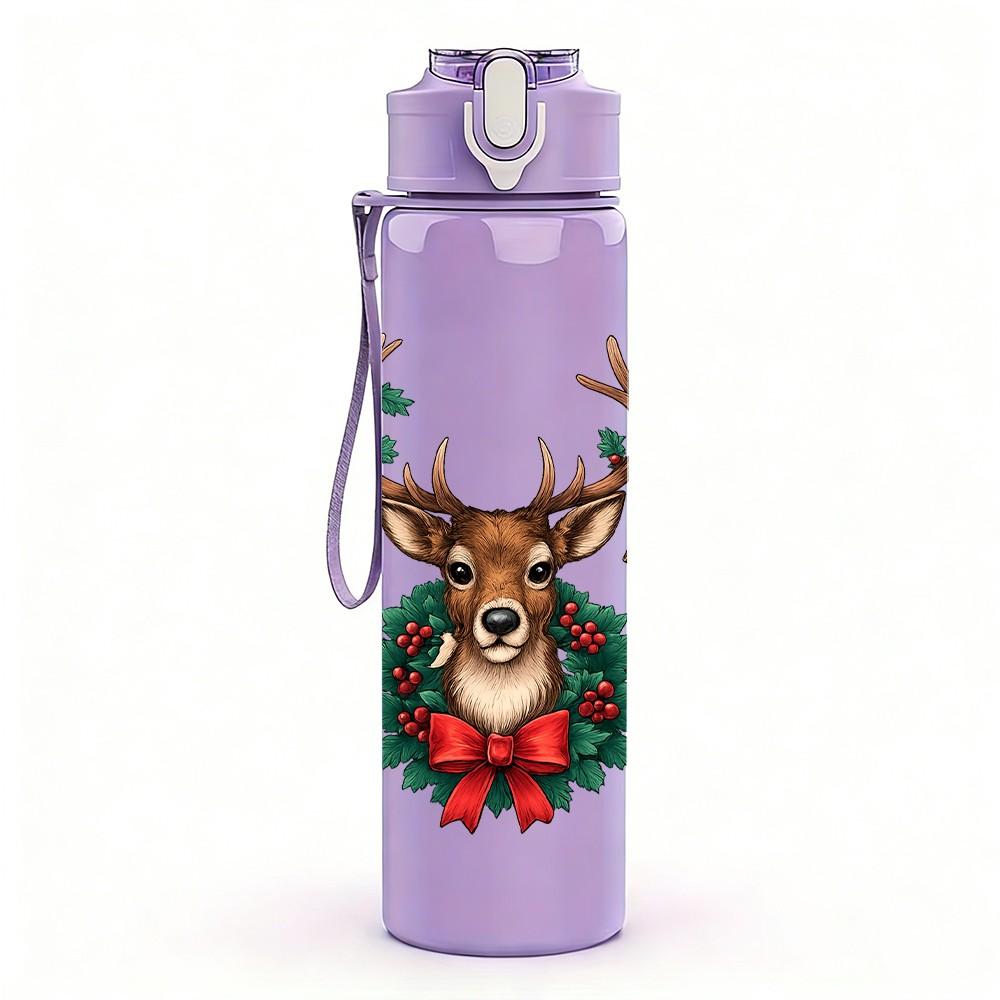 1PC Wreath Antler Reindeer 750ml Color Plastic Sports Water Bottle Leakproof Flip Straw Lid Suitable for Sports Office Home Use
