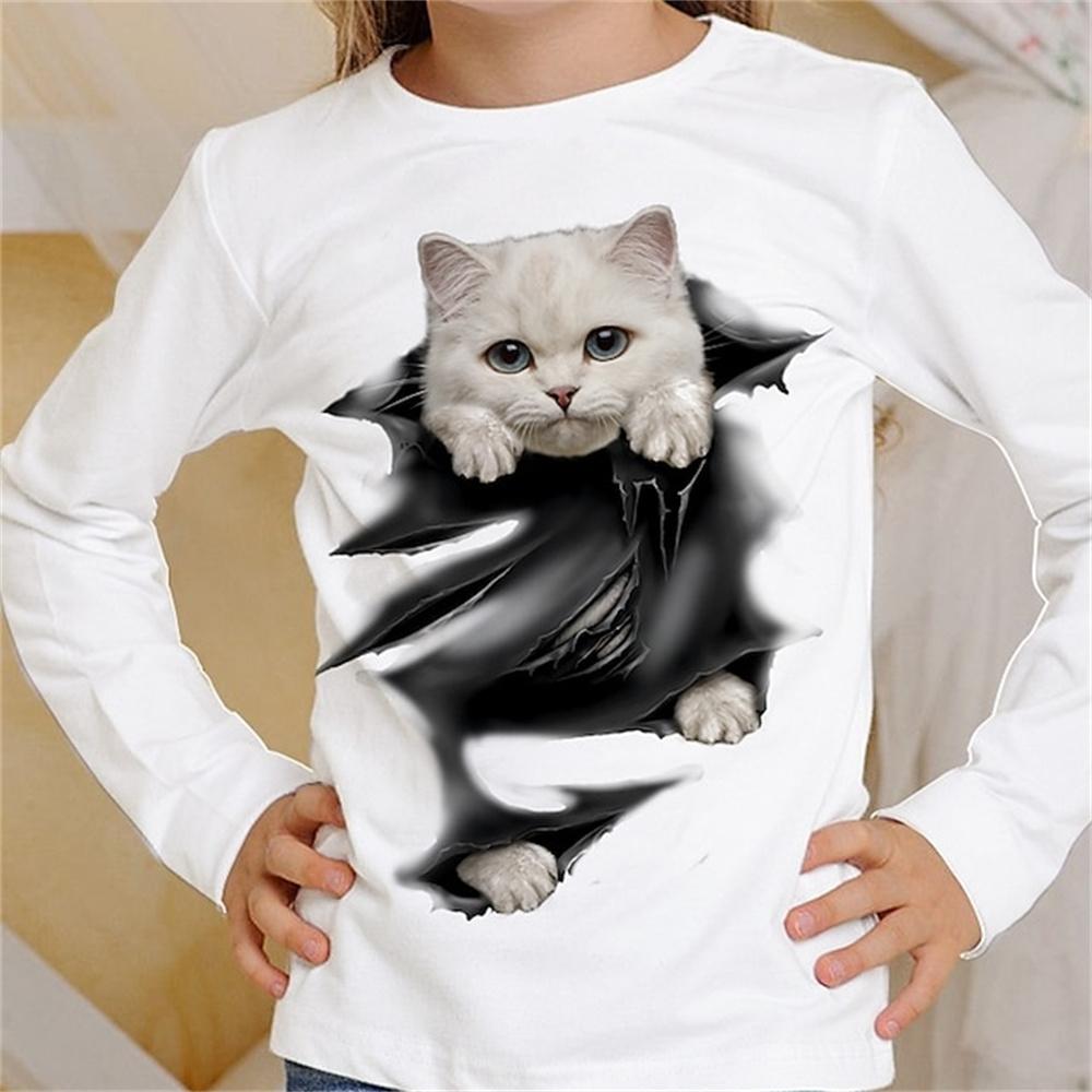 Girl Clothes Casual 3D Cat Graphic T Shirts Long Sleeve Tshirts Round Neck White T-Shirt Fashion Tops Outdoor Clothing for Girls