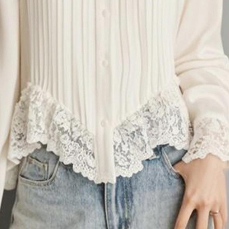 Spring Autumn Long Sleeve White Top Women Turn-down Collar Lace Blouse Female Pleated Irregular Butttons Shirt