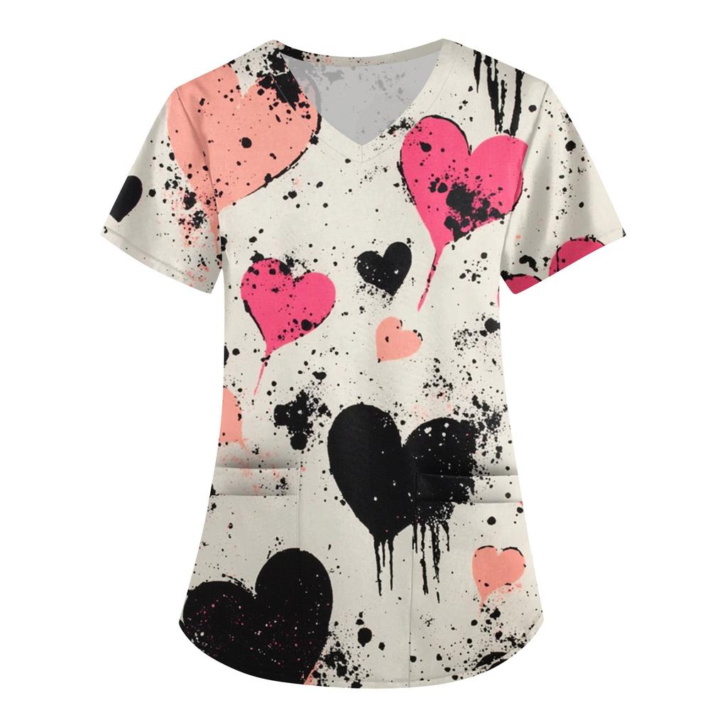Women's Fashion V-neck Short-sleeved Work Clothes With Pockets Valentine's Day Print Top
