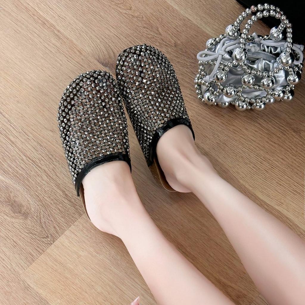 2025 лето стразы полные бриллианты рыболовная сетка баотоу большая голова баотоу полушлепанцы сандалии toboken обувь на плоской подошве женская обувь