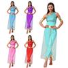 Womens Arab Princess Costume Belly Dance Design Gem Decor Contrast Color Shiny Tulle Overlay Jumpsuit