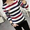 Women's T-shirt Round Collar Long Sleeve Striped Tops Casual Cotton T-shirts