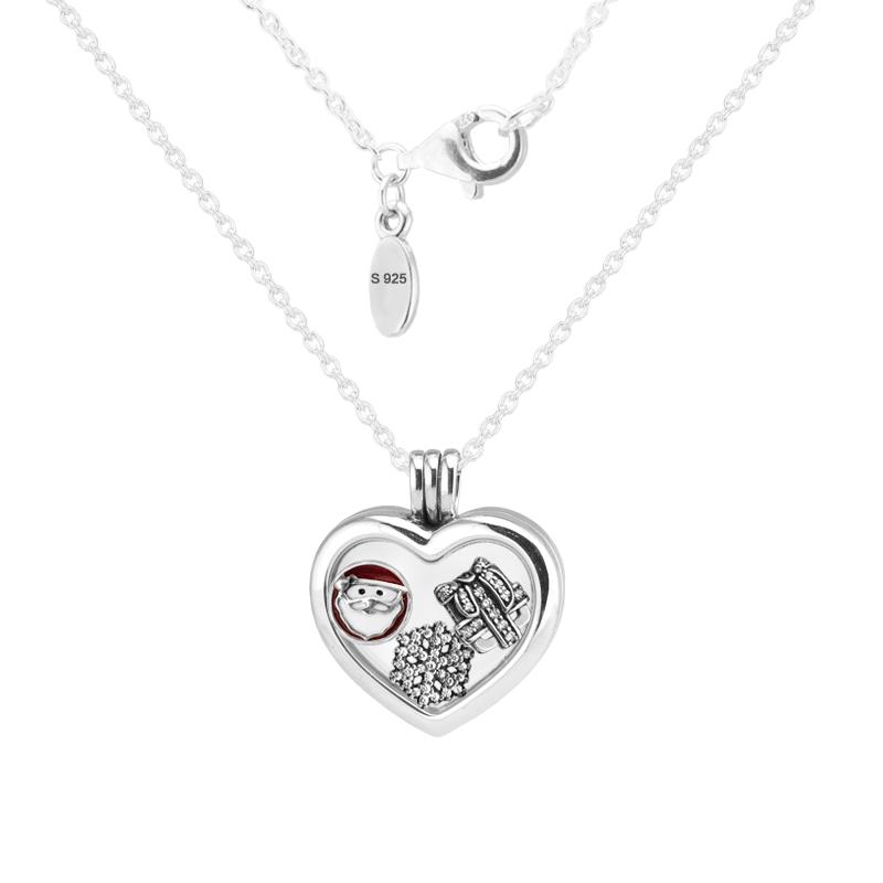Floating Locket Heart Necklaces 925 Sterling Silver Jewelry Pendants with 3 Inner Parts Christmas Petite Charms