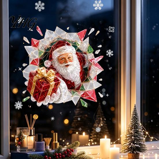 Holiday Wall Decals for Home 2Pcs Stained Glass Style Christmas Window Clings, Double?Sided Printed Xmas Static Reusable Ornament Stickers