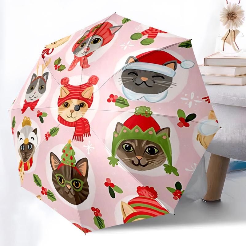 1pc Christmas Cats Print Automatic Open/Close Folding Umbrella - Compact 8-Rib Design, Daily Use, Perfect Gift for Friends & Family yy251124179