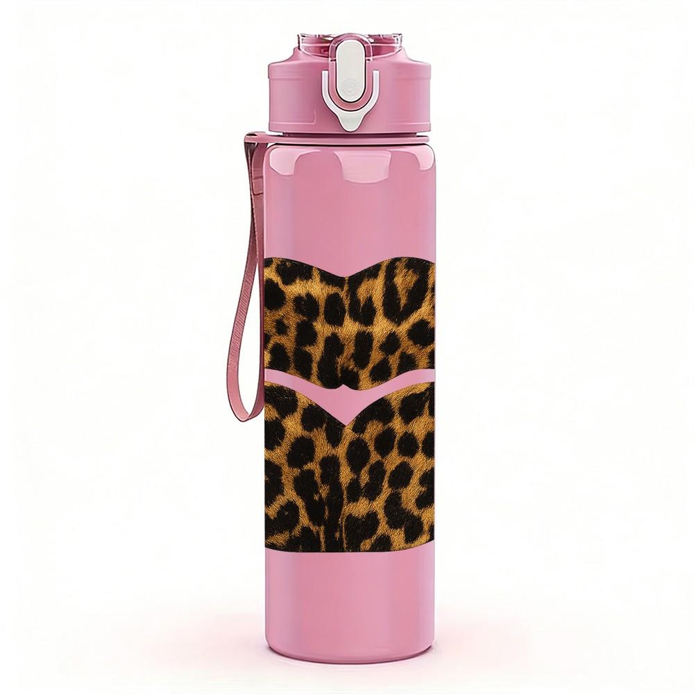 1PC Leopard Lips Texture Print 750ml Color Plastic Sports Water Bottle Leakproof Flip Straw Lid Suitable for Sports Office Home Use