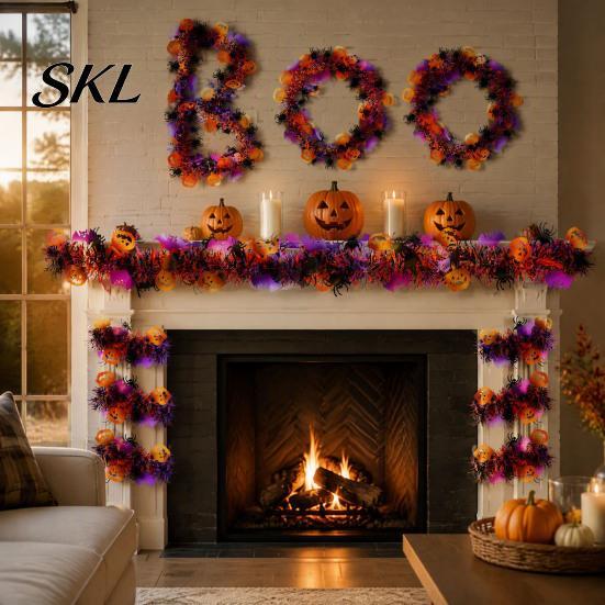 Flexible Iron Wire Tinsel Ribbon 78 Inch Halloween Garland, Shiny Metallic Twist Garland with Orange Pumpkin Encrypted Thick Three Dimensional