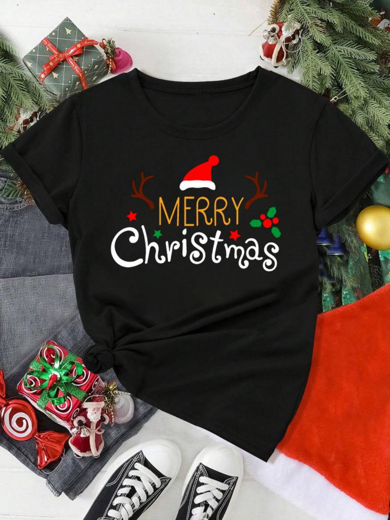 Футболка с надписью Merry Christmas, Рождественская шапка, Футболка с рогами, Модная белая футболка, Одежда с принтом, Женские повседневные футболки с коротким рукавом и графическим рисунком