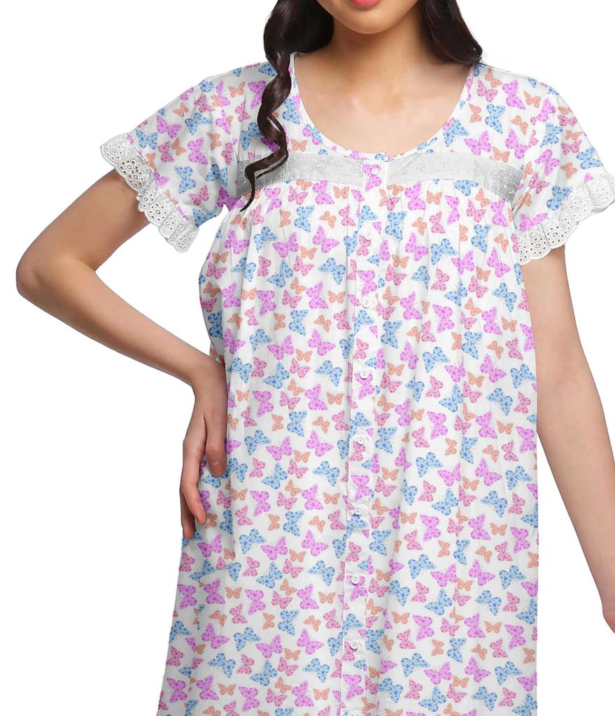 Moomaya Женская ночная рубашка с короткими рукавами и хлопковой кружевной каймой с принтом