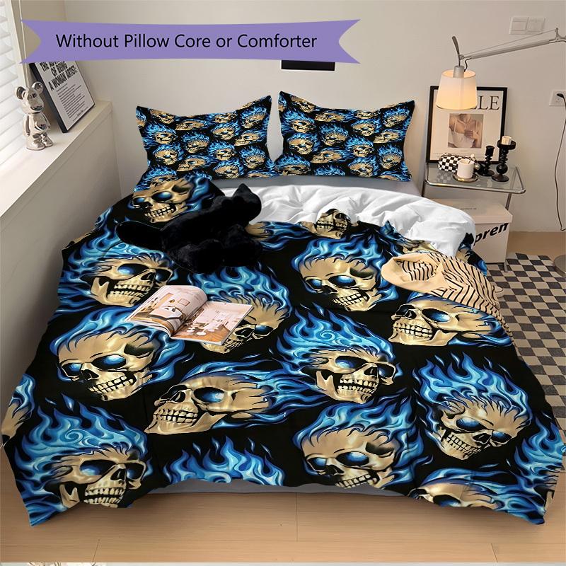 3pcs bedding set Flame Skulls Includes 1 Comforter + 2 Pillowcases, Without Pillow Inserts, Soft Comfortable,a0909082