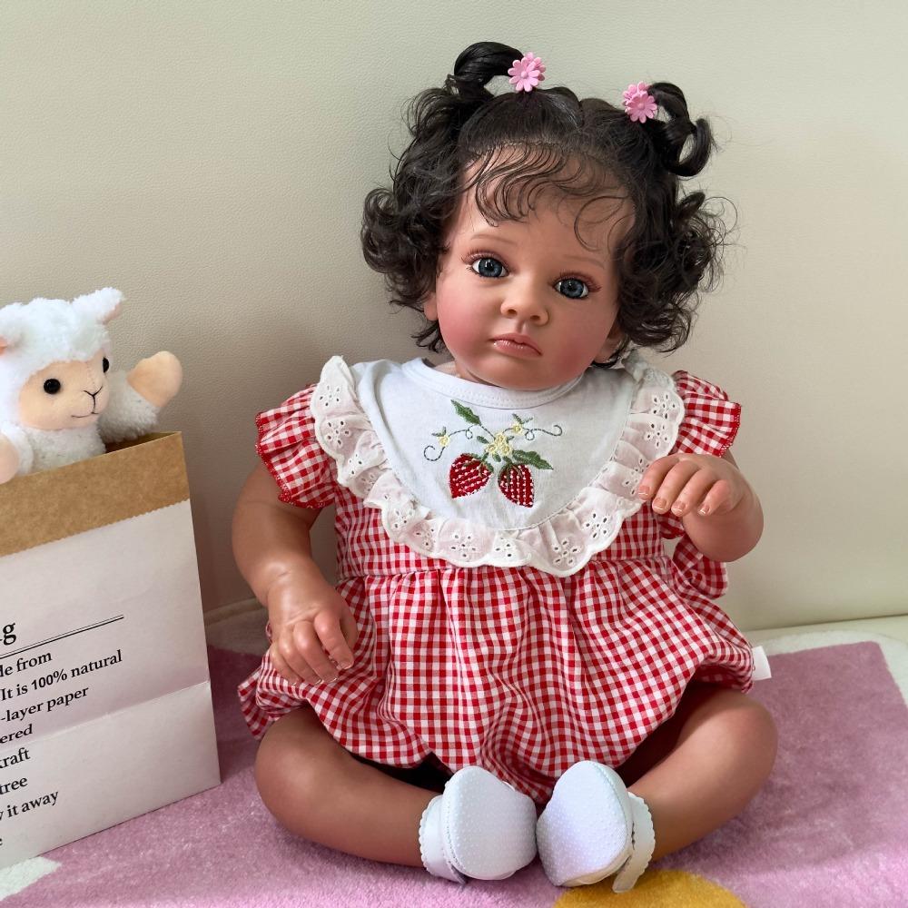 60cm Black Skin Reborn Doll Tutti Handmade 3D High Color Skin with Visible Vein Bloodshot Simulation Baby Doll Implanted Black Curly Hair Newborn Doll