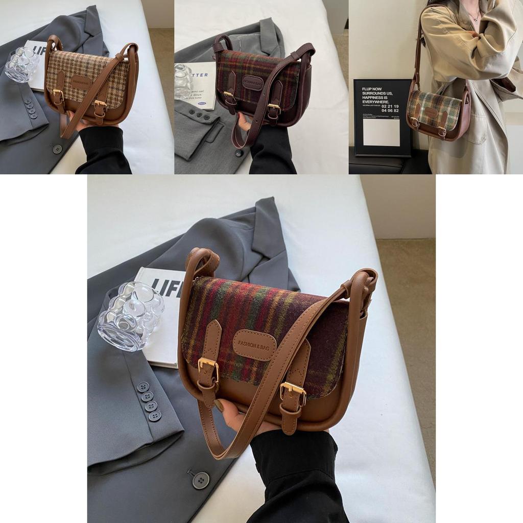 Fashionable Street Style 2024 Winter Plaid Shoulder Bag For Daily Outfits In Green Plaid Brown
