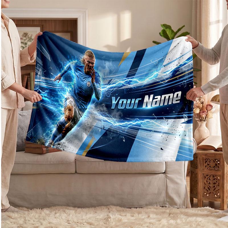 Erling Haaland Personalized Fleece Blanket With Football Logo, Custom Name Text Soft Warm Home Throw Blanket