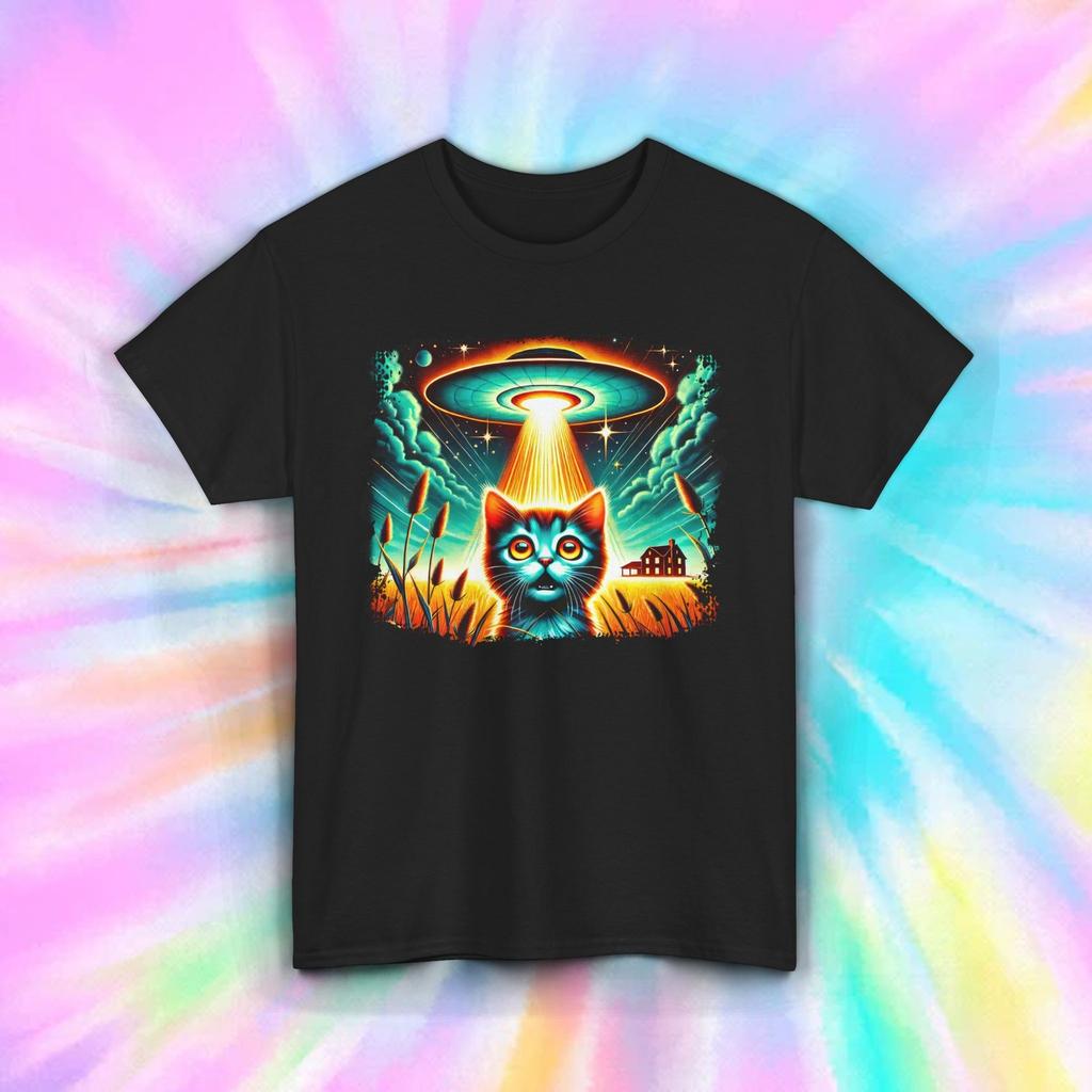 UFO Cat Shirt Alien Abduction Funny Space Galaxy Graphic Tee S-4xl