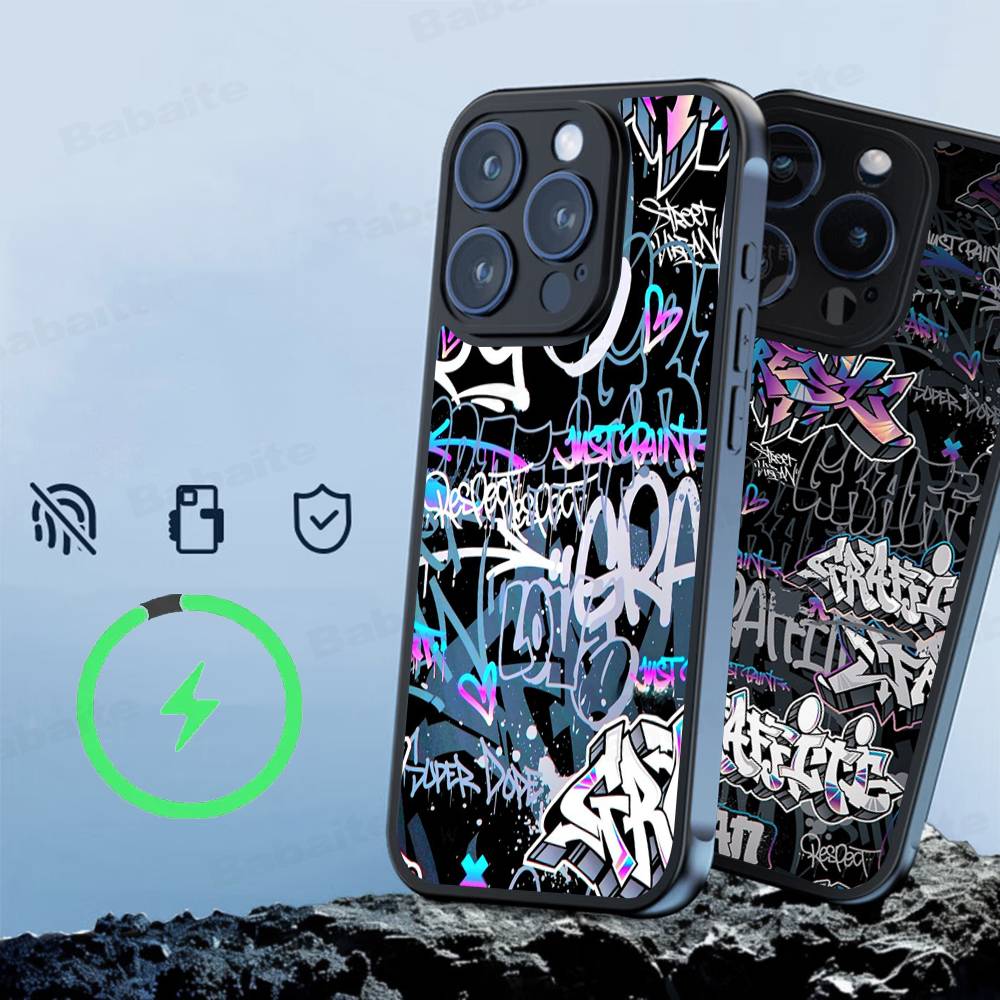 Крутой черный граффити чехол для телефона iPhone 13 14 15 11 12 16 17 Pro Max Plus Для Magsafe Магнитный корпус