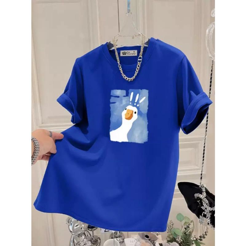 Cartoon Printed Short-sleeved T-shirt for Women In Summer New Fashionable Age-reducing Large-shoulder Pure Cotton Top
