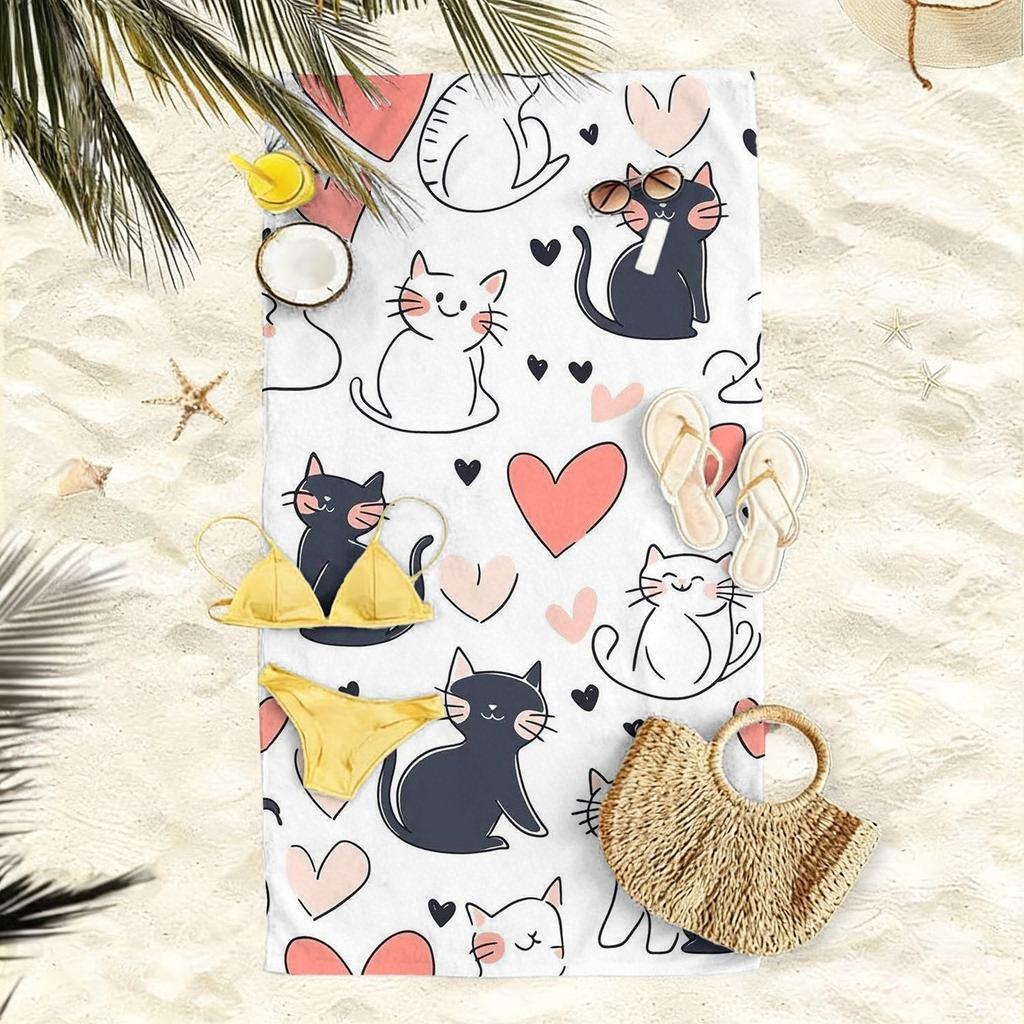 Милое Полотенце для Пляжа с Принтом Кошки и Сердечек Kawaii Полотенце из Микрофибры для Любителей Кошек, для Лета, Пляжа, Бассейна и Путешествий