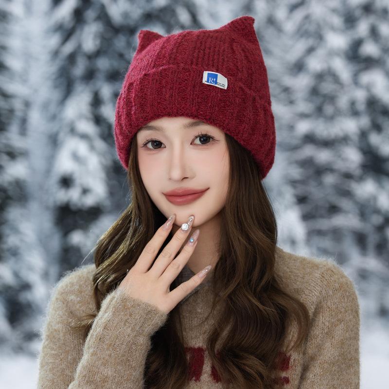 Korean Version of Versatile Cat Ears Plus Velvet Hat for Women's Autumn and Winter Casual Windproof Pullover Hat Outdoor Warm Hat