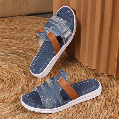 Мода 2025Новые женские тапочки Холщовые На шнуровке С открытым носком Новая плоская подошва Повседневная женская мода Джинсовая пляжная обувь Сандалии женские