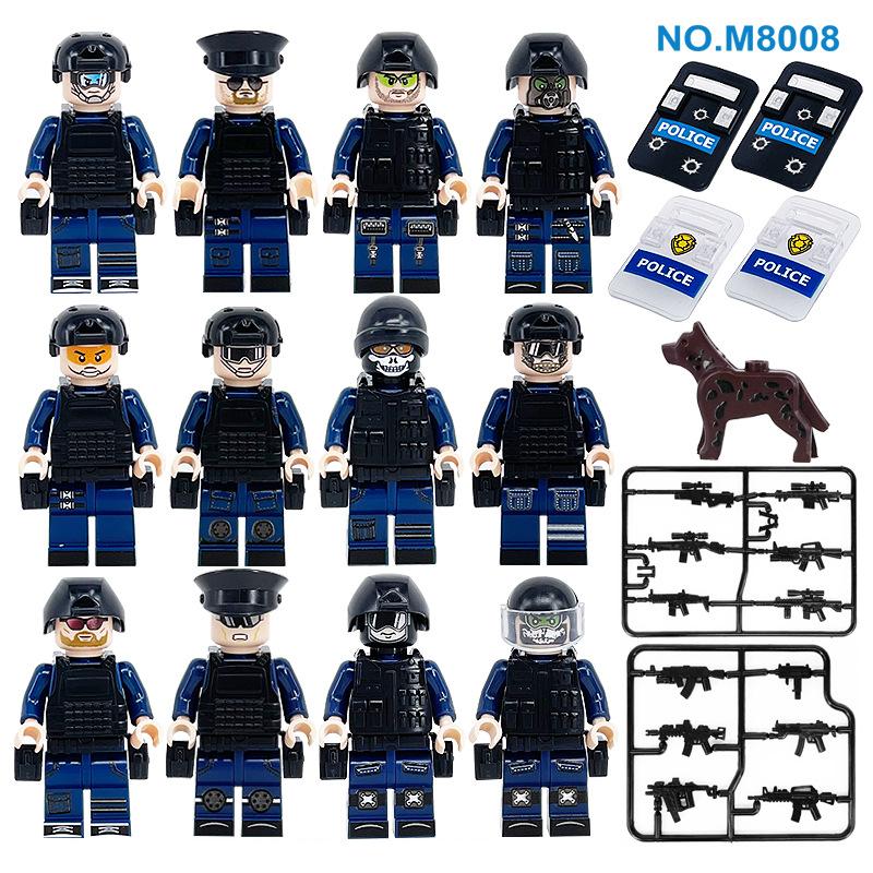 M8008 Police Black Special Police Small Particle Building Block Man Model To Send Weapon Protection Shield Police Dog Toy