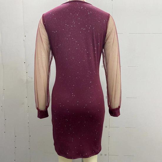 Женское платье на молнии с V-образным вырезом, прозрачная сетка в стиле пэчворк, с длинными рукавами, облегающее мини-платье с высокой талией и блестящими пайетками, женское осенне-весеннее мини-платье