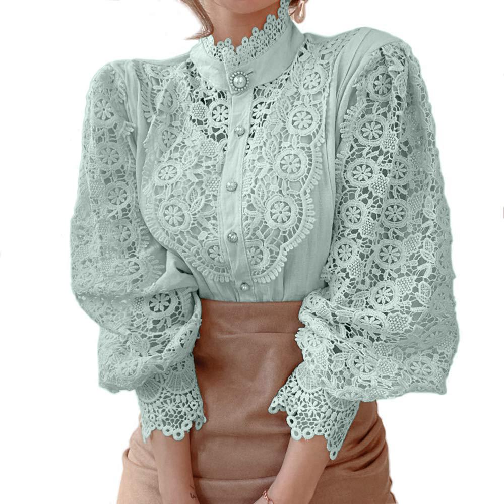 Women Stand Collar Lace Patchwork Shirts Casual Hollow Out Flower Petal Sleeve Button Tops White Shirts for Women