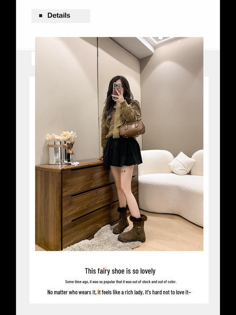 Женские зимние сапоги из замши и меха в стиле ретро 2024 года: Мягкий, нескользящий, короткий, на бархатной подкладке, плотный теплый хлопок.