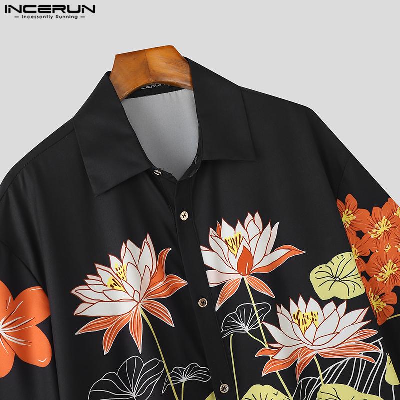 INCERUN Мужские повседневные рубашки оверсайз свободного кроя с лацканами и коротким рукавом с цветочным принтом