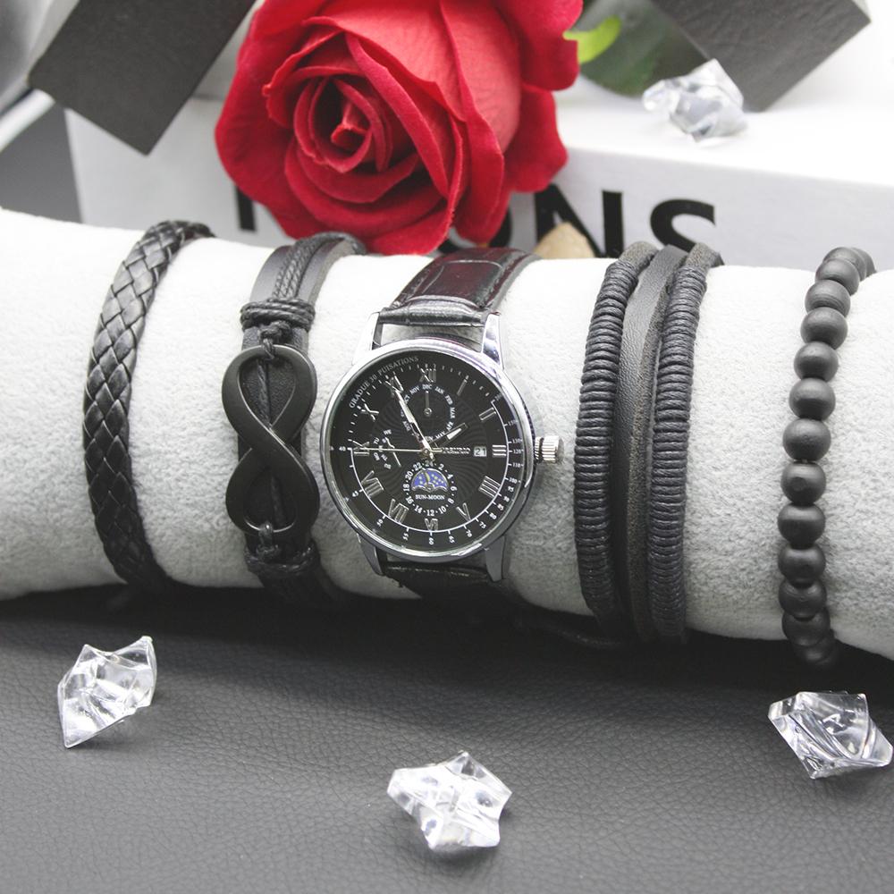 Набор из 5 предметов, высококачественные мужские часы с кожаным ремнем, ретро-модные круглые браслеты с циферблатом, в комплекте коробка для вечеринки