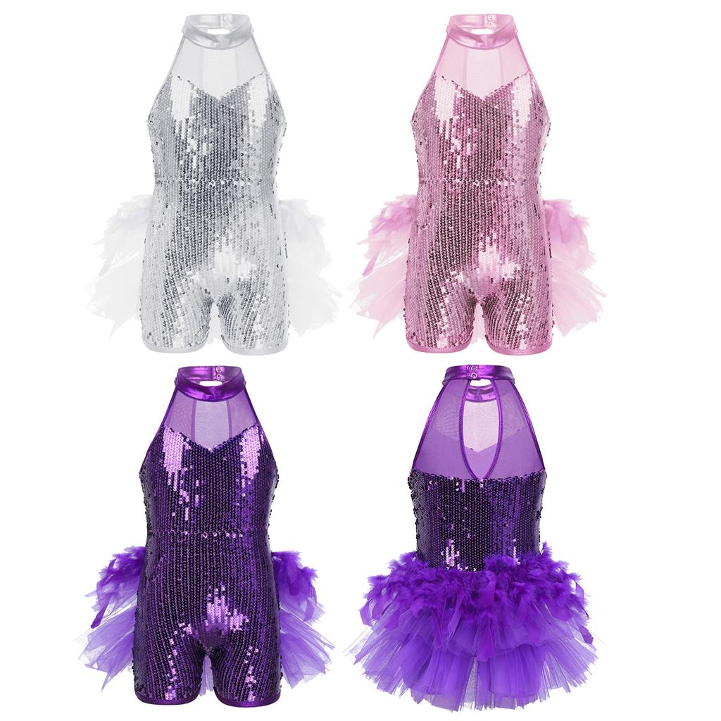 Girls Sequins Jazz Latin Ballet Dance Costume Kids Sleeveless Mock Neck Leotard Jumpsuit Dancewear