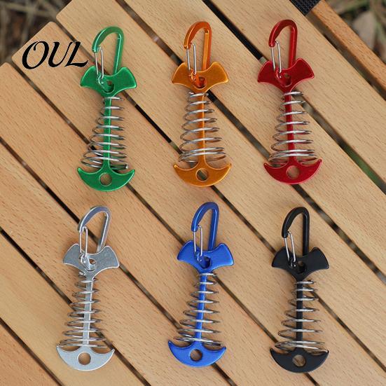 Aluminum Alloy Deck Pegs Spring-Loaded Fish Bone Tent Peg, Stake with Reusable Carabiner, Windproof Rope Buckle for Outdoor Camping Fixing