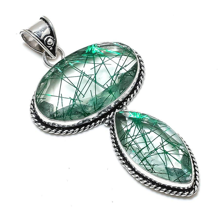 Natural Green Rutile Gemstone Handmade 925 Sterling Silver Pendant 2.96" N6e03