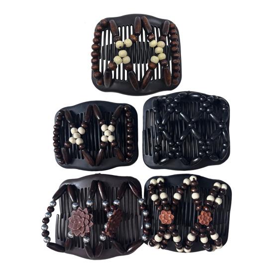 1/4Pcs Women Wooden Beaded Hair Combs Handmade Stretch Double Side Clips Salon Combs Bun Maker Hair Accessories