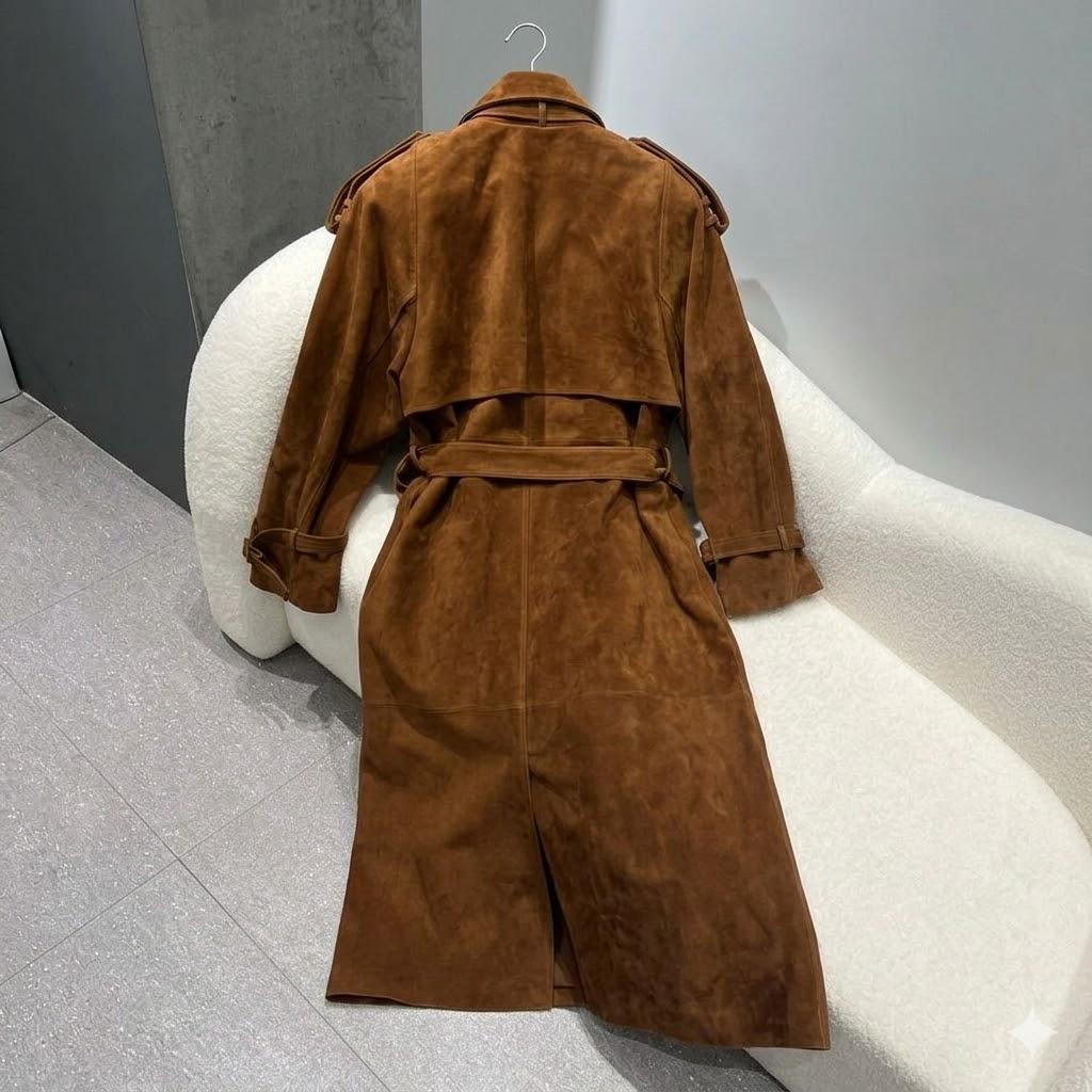 Женский Коричневый Ручной Работы Тренч Вечеринка Натуральная Повседневная Замша Кожа Ягненка