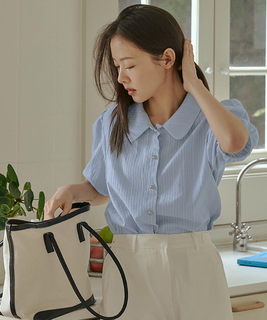 ANOETIC Round Collar Button Blouse_Sky Blue