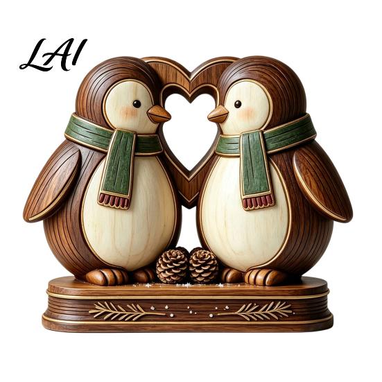 Gingerbread Man Wooden Animal Penguin Statues Owl Fox Ornament with Stable Base, Double Layer