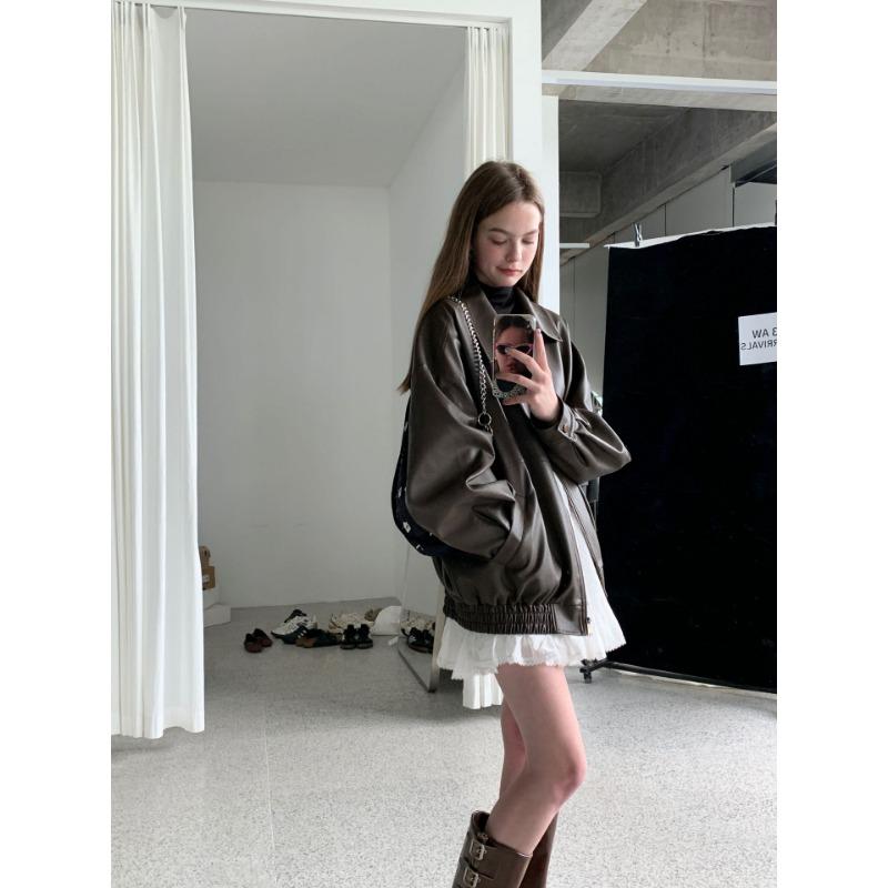 Vintage PU Leather Clothing New Korean Version Texture Loose Casual Handsome Motorcycle Jacket Women Cool Waterproof Soft Faux Leather Jackets