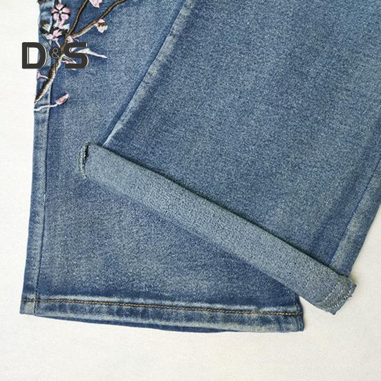 Женские расклешенные джинсы с цветочной вышивкой, расклешенные джинсы с высокой талией, узкие брюки из микроэластичного денима с карманами