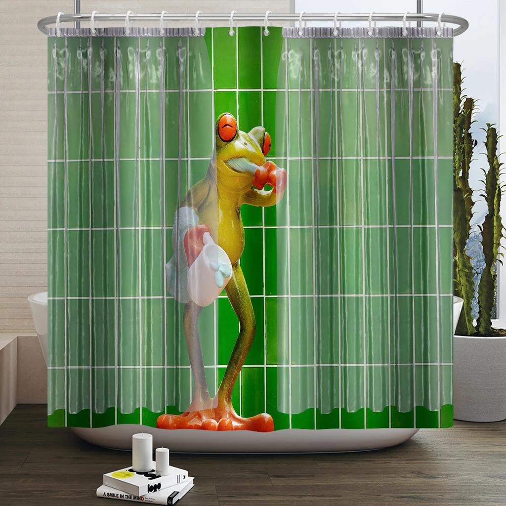 Funny Frog Shower Curtain for Bathroom Mushroom Butterfly Floral Green Plant Cartoon Animal Waterproof Polyester Shower Curtain
