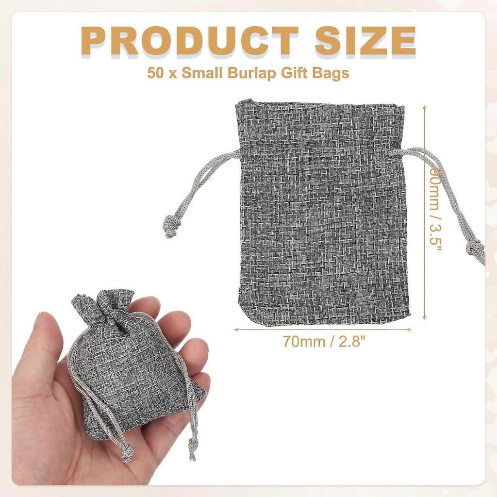 2.7x3.5 Inch Burlap Bags with Drawstring, 50 Pcs Linen Favor Gift Bags Reusable Jewelry Pouch Sacks for Party Christmas Festival, Gray
