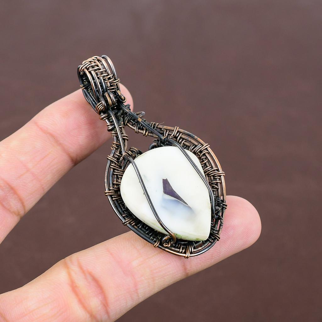 Natural Sage Amethyst, Moonstone Gemstone Copper Wire Wrap Pendant 2.64" D7T12