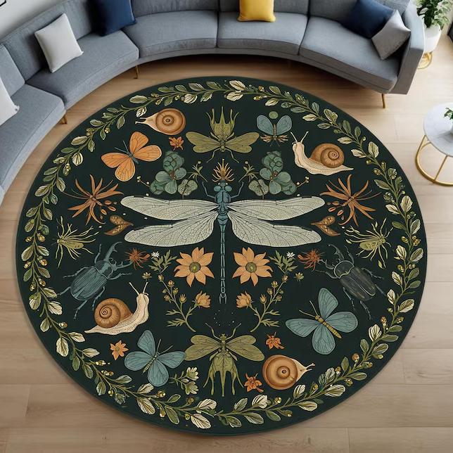 Ковер Стрекоза, Круглый ковер Стрекоза Ковер с насекомыми, Ковер с насекомыми Цветочный ковер Стрекоза Красочный коврик для пола Стрекоза