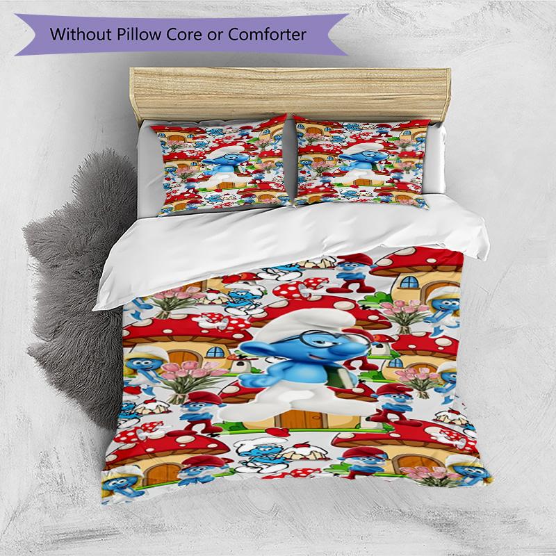 3pcs Duvet Cover Set (1*Duvet Cover + 2*Pillowcase, Without Core), Blue Smurfs Print Bedding Set, Bedroom Decor, All‑Season, Birthday Gift