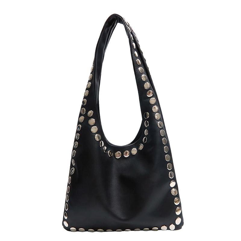 Large Capacity Soft Shoulder Bags Edgy Silver Studded Faux Leather Hobo Bag Youth Punk Style Handbag for Casual Outfits